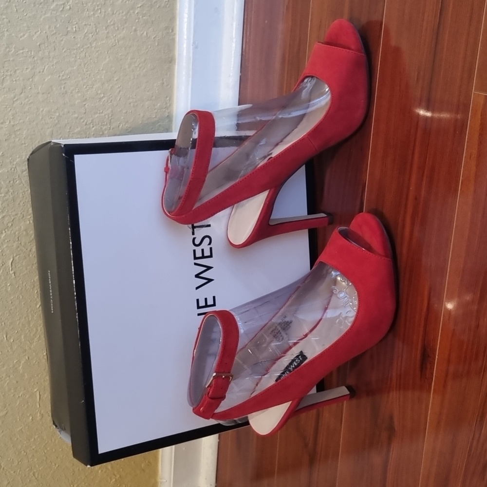 Nine West Red Suede Peep-Toe Ankle Strap Heels